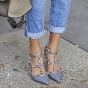 Valentino Like BCBG Studded Darron Patent Gray Stiletto w/ gold studs 8.5 M NWT